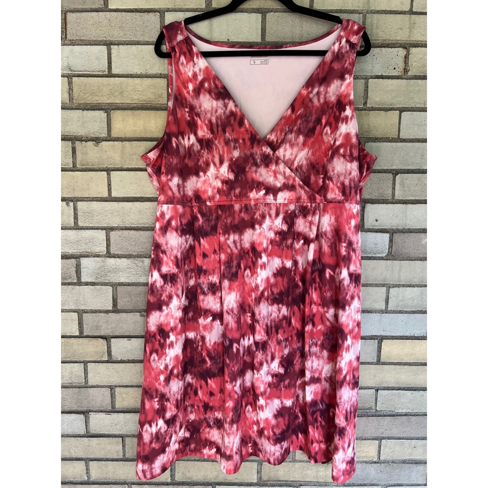 Eddie Bauer Red White Tie Dye Faux Wrap Sleeveless Dress Stretch 2XL XXL